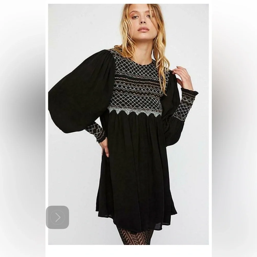 Free people late night picnic smocked long sleeve embroidered dress - Picture 2 of 13